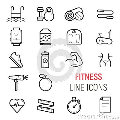 Fitness icons set. Vector flat line illustrations. Vector Illustration