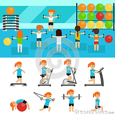 Fitness infographic elements flat vector illustration, horizontal banners design. Group of people exercising in the gym Vector Illustration