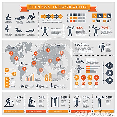 Fitness infographic. Sport lifestyle healthy people making exercises in gym or outdoor vector infographic template Vector Illustration