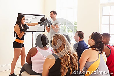 Fitness Instructor Addressing Overweight People At Diet Club Stock Photo