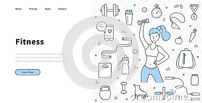 Fitness landing in doodle style, woman exercise Vector Illustration