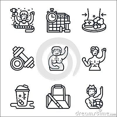 fitness line icons. linear set. quality vector line set such as bodybuilding, gym bag, whey protein, six pack, body fat, dumbbells Vector Illustration
