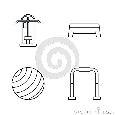 Fitness line icons. linear set. quality vector line set such as gym bars, yoga ball, exercise tool Vector Illustration