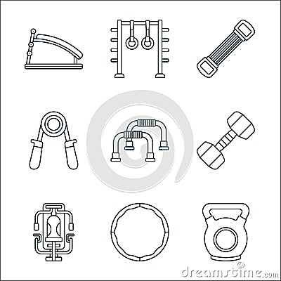 Fitness line icons. linear set. quality vector line set such as kettlebell, workout machine, dumbbell, hand grip, grippers, chest Vector Illustration