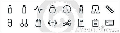 fitness line icons. linear set. quality vector line set such as card, scale, exercises, vitamins, pants, pulse, watch, water Vector Illustration