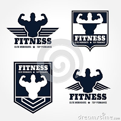 Fitness logo emblems in retro style graphic design (wings and muscle blue-black tone) Vector Illustration