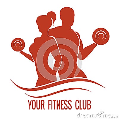 Fitness logo with muscled man and woman Vector Illustration