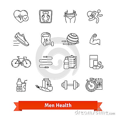 Fitness and men health. Thin line art icons set Vector Illustration