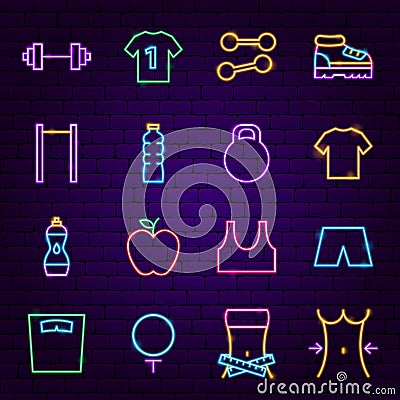 Fitness Neon Icons Vector Illustration