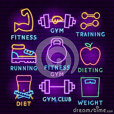 Fitness Neon Label Set Vector Illustration