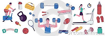 Fitness people with equipment set. Cartoon sport persons with barbell weightlifting dumbbells, workout sportsmens with Vector Illustration