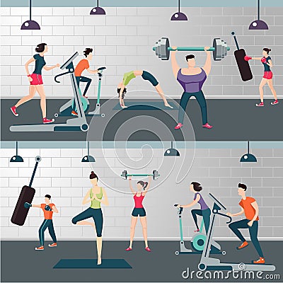 Fitness room with people on a work out. Gym panoramic illustration. Woman and man on sport training. Vector Illustration