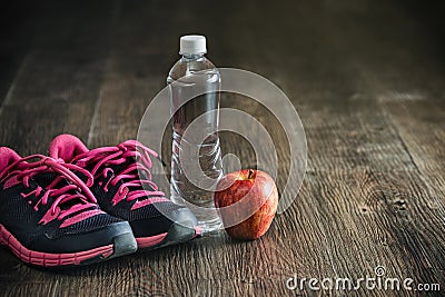 Fitness running sports equipment, sneakers water apple, healthy Stock Photo
