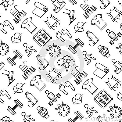 Fitness seamless pattern with thin line icons of running, dumbbell, waist, healthy food, swimming pool, pulse, wireless earphones Vector Illustration