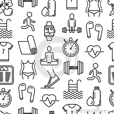 Fitness seamless pattern with thin line icons of running, dumbbell, waist, healthy food, swimming pool, pulse, wireless earphones Vector Illustration