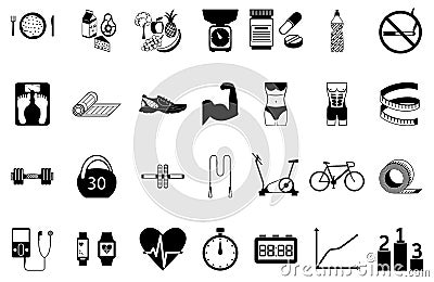 Fitness sport and health silhouette icons set Vector Illustration