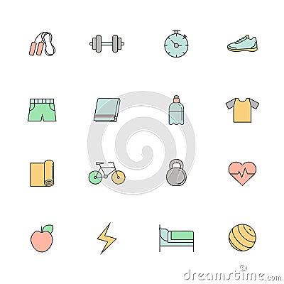 Fitness and sport multicolored icon vector set. Simple outline design. Vector Illustration