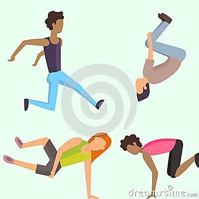Fitness sport parkour people concept young person jumping extreme running danger gymnastics exercising vector Vector Illustration
