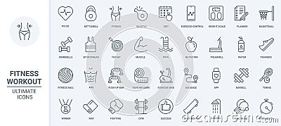 Fitness sport workout in gym thin line icons set, kettlebell and barbell, dumbbell Vector Illustration