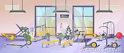 Fitness sports club gym interior with equipment and simulators Vector Illustration