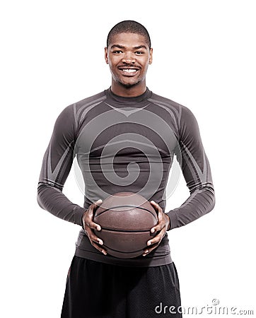 Fitness, sports and portrait of black man with basketball, strong confidence and body muscle workout. Power wellness Stock Photo