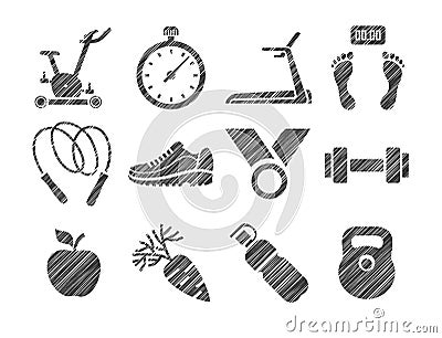 Fitness, sports training, icons, monochrome, pencil shading, vector. Vector Illustration