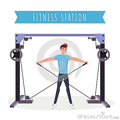 Fitness station workout flat vector illustration. Strong young man, bodybuilder working out with gym equipment cartoon Vector Illustration