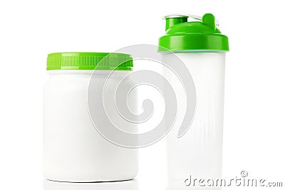 Green protein shaker and jar on white Stock Photo