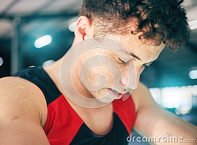 Fitness, sweat and man in gym, tired and exercise with wellness, healthy lifestyle and training. Sports break, male and Stock Photo