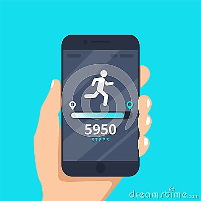 Fitness tracking app on mobile phone screen illustration flat cartoon style, smartphone with run tracker Cartoon Illustration