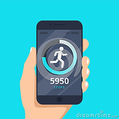 Fitness tracking app on mobile phone screen vector illustration flat cartoon style, smartphone with run tracker Vector Illustration