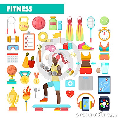 Fitness Trainer Healthy Lifestyle Icons with Woman Exercising Vector Illustration