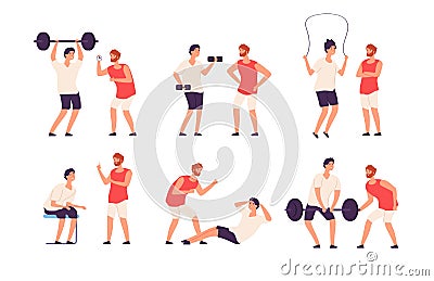 Fitness trainer. Male personal coach helps bodybuilder guy training exercising gym isolated vector set Vector Illustration