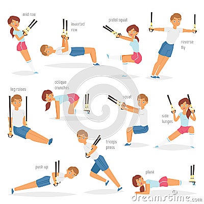 Fitness trx exercises vector sportsman character woman or man exercising in gym for workout or sport training Vector Illustration