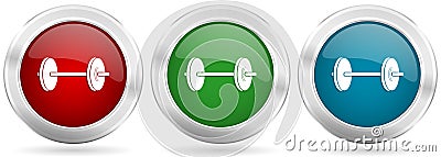 Fitness vector icon set. Red, blue and green silver metallic web buttons with chrome border Vector Illustration