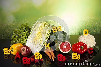 Fitness vitamin concept, fresh fruit and vegetable Stock Photo