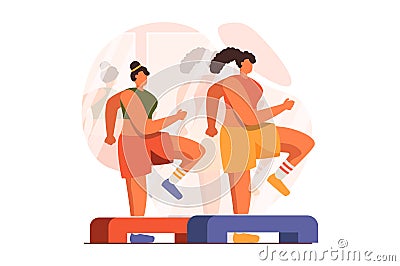 Fitness web concept in flat design. Women in sportswear do step aerobics Vector Illustration