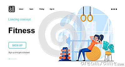 Fitness web concept. Woman is exercising with pilates ball in gym. Sport training, workout, wellness. Template of people scene. Cartoon Illustration