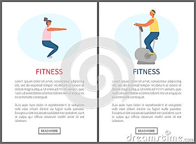 Fitness Websites, Squats and Bicycle Exercise Vector Illustration