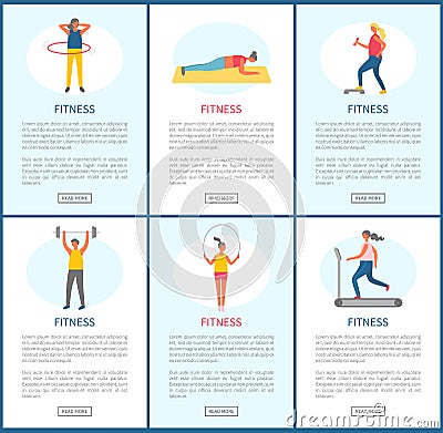 Fitness Activities of People in Gym, Website Set Vector Illustration