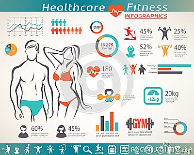 Fitness and wellness infographcs, active people icons Vector Illustration