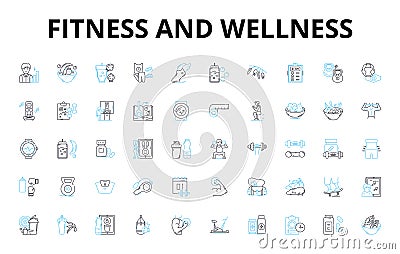 Fitness and wellness linear icons set. Exercise, Health, Strength, Endurance, Flexibility, Balance, Nutrition vector Vector Illustration