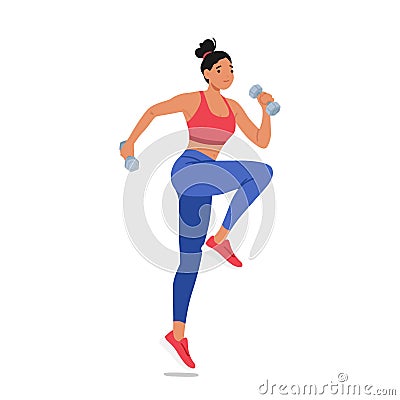 Fitness Woman Confidently Exercises With Dumbbells. Young Active Female Character Showcasing Strength, Determination Vector Illustration