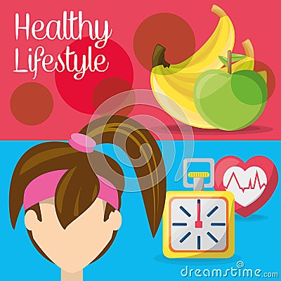 Fitness woman with fruits, chronometer and heartbeat Vector Illustration