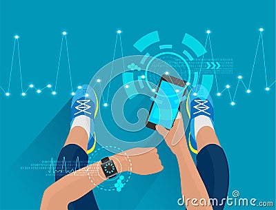 Fitness woman hand with wearing watchband smartwatch Vector Illustration