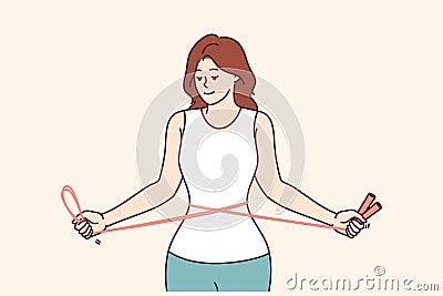 Fitness woman training with jump rope in hands, showing off slender figure and thin waist Vector Illustration