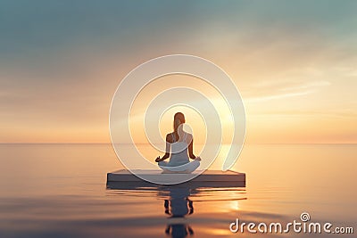 fitness woman young lifestyle person pier pose yoga summer sea ocean lotus. Generative AI. Stock Photo