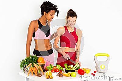 Fitness Women Cutting Salad Stock Images Stock Photo