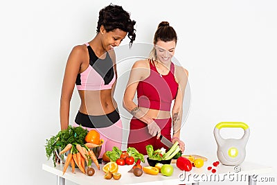 Fitness Women Cutting Salad Stock Images Stock Photo