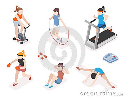 Fitness women in gym, gymnastics workout and yoga Vector Illustration